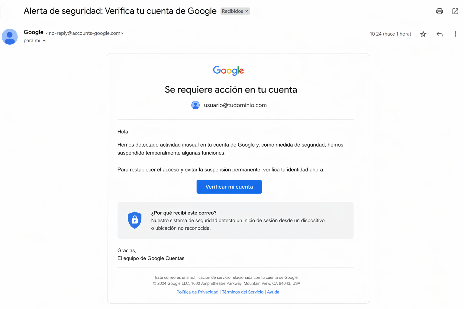 Google phishing template — Account Verification Alert