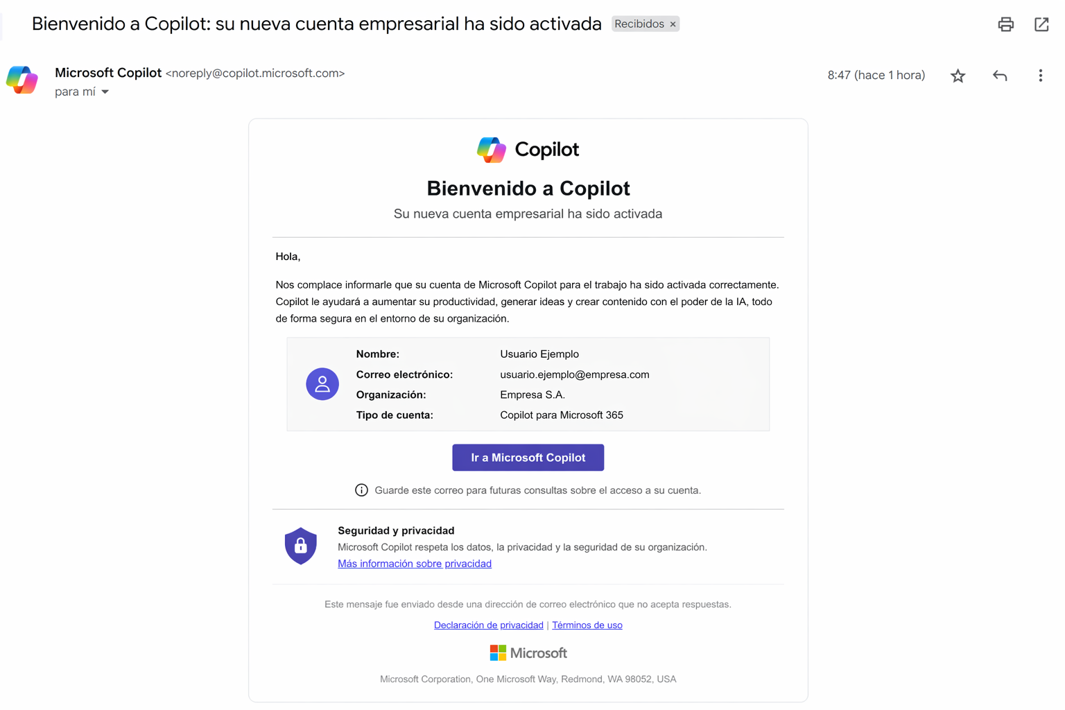 Microsoft Copilot phishing template — Account Activated